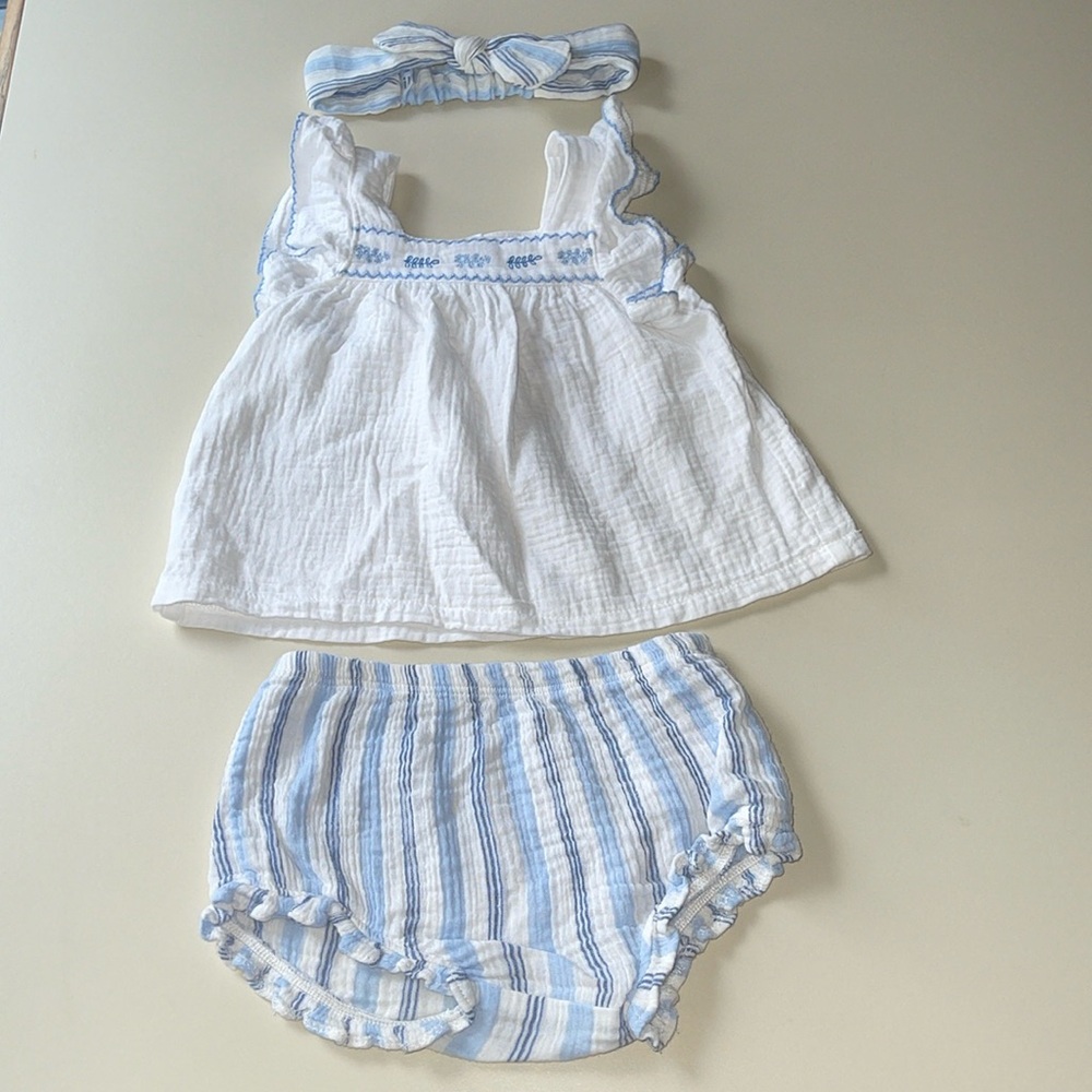 Little Me 3 Piece Cotton Gauze Top & Bloomers Set in Blue & White w Headband